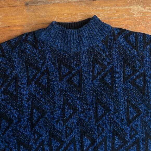 Vintage Mens Sweater Size Large 80s Geometric Print Knit Acrylic Mock Turtleneck - Picture 2 of 4